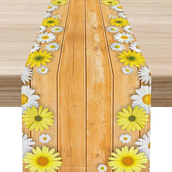 Farmhouse Floral Table Runner, Spring Seasonal Yellow Daisy Sunflower Retro by Unknown