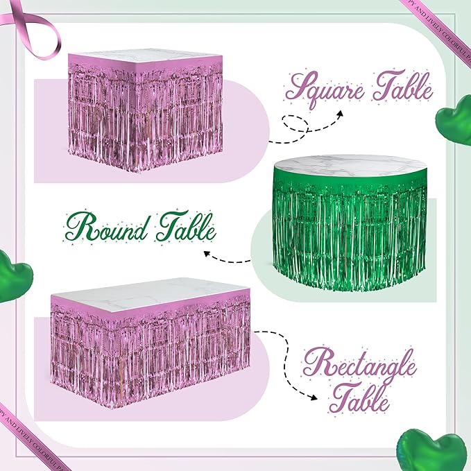 2 Pack Light Pink Green Table Skirts, 29x108" Metallic Foil Tinsel Fringe Table - Image 4