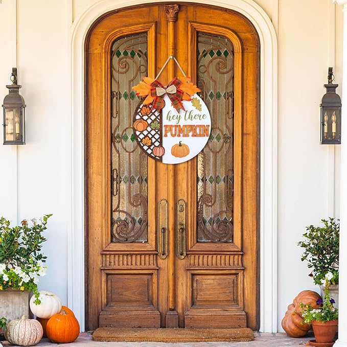 CHDITB Hey There Pumpkin Front Door Sign Wreath, Wooden 3D Hello Fall Autumn - Image 4