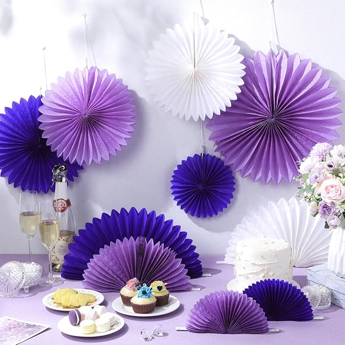 24 Pcs Purple and White Paper Fans Purple Party Decorations Classroom Decor - Image 3