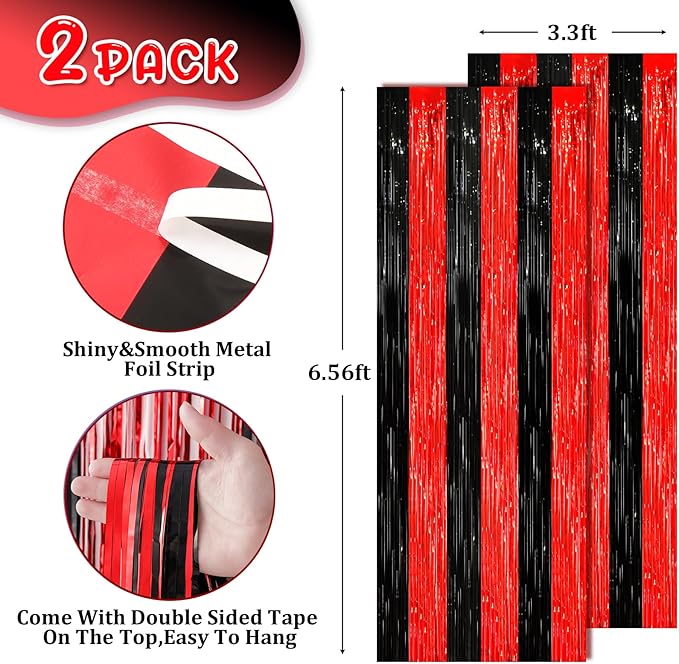2 Pack Red and Black Tinsel Foil Fringe Curtains, Metallic Tinsel Party - Image 3