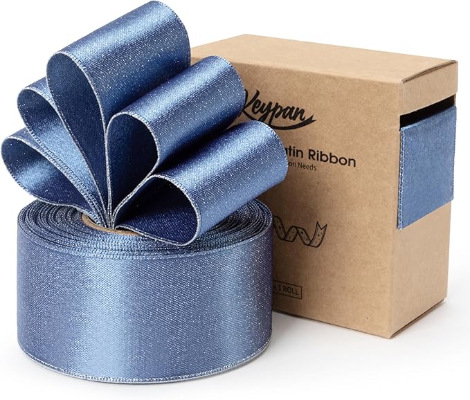 Dusty Blue Satin Wired Ribbon 1-1/2 Inch Double-Faced Sliver Glitter Christmas by Keypan