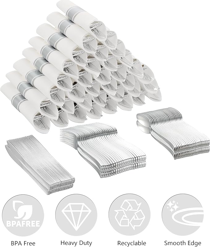 100 Pack Pre Rolled Silver Plastic Silverware Set - Image 4