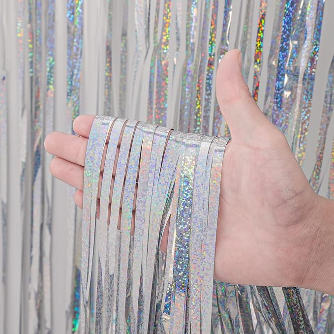 4 Pack Laser Silver Foil Fringe Backdrop Curtains, Tinsel Streamers Birthday - Image 2