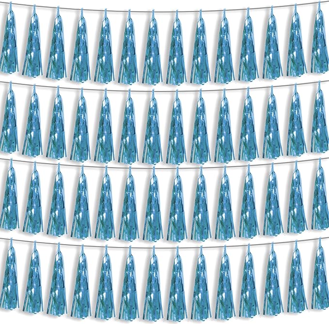 4P Light Blue Foil Fringe Metallic Streamers Banner Tassel Garland by HYSILLA