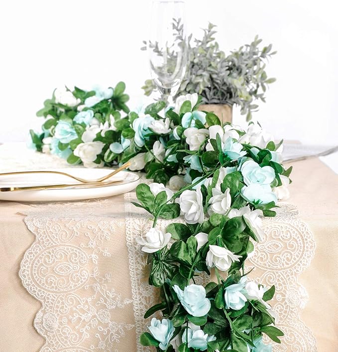 Miracliy 9Pcs 74FT Blue and White Flower Garland Artificial Rose Arch Vines - Image 5