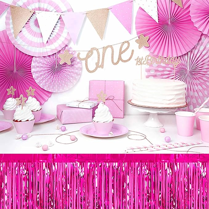3 Pack Fuchsia Foil Fringe Table Skirts Metallic Tinsel Streamers Garland - Image 4
