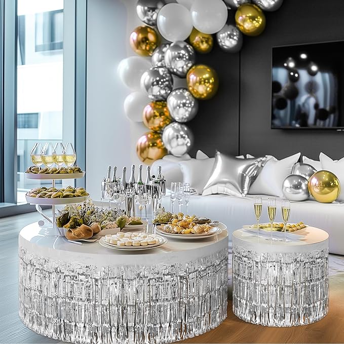 2 Pack Silver Table Skirts, 29x108" Metallic Foil Tinsel Fringe Table Skirts - Image 9
