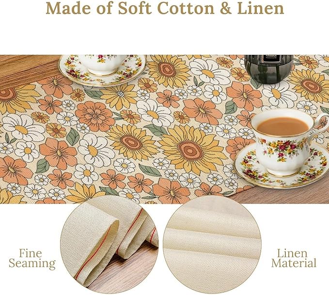 Vintage Floral Table Runner, Boho 70s Style Retro Daisies Flower Table Runner - Image 5