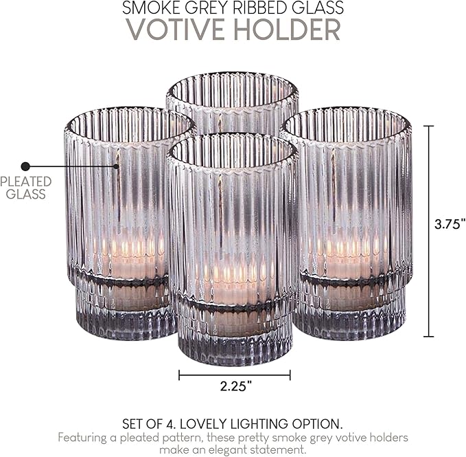 Serene Spaces Living Set of 4 Short Smoke Grey Ribbed Glass Votive Holder - Image 7