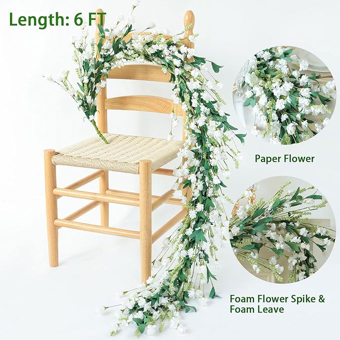 Mizii White Artificial Flower Garland 6FT Fake Wildflower Floral Garland - Image 2