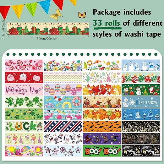 TaoBary 33 Rolls Holiday Plaid Washi Tape, 15 mm Seasonal Washi Tape Set - Image 2