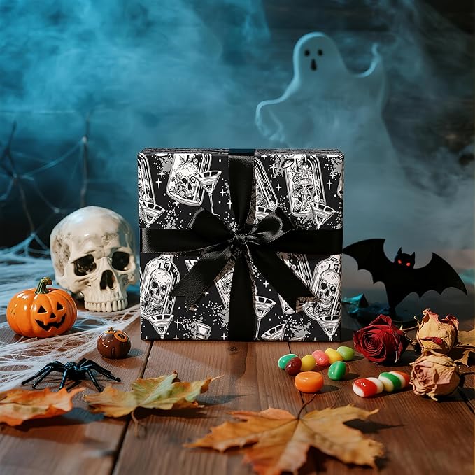 LeZakaa Halloween Wrapping Paper Roll, Gothic Skull-in-Bottle and Eye Cocktail - Image 4