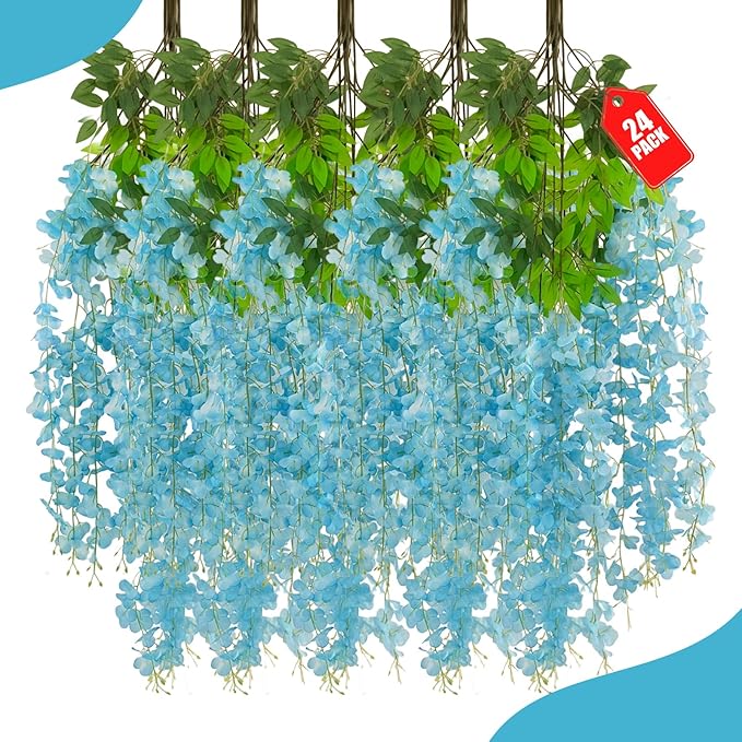 24 Pack Lake Blue Wisteria Hanging Flowers, 3.4 Ft Fake Hanging Flowers by ZEBMOON