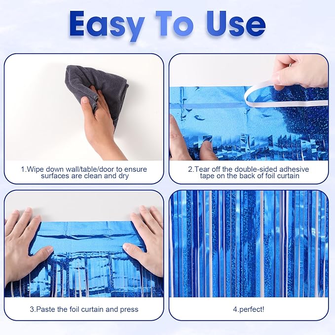 2 Pack Laser Blue Foil Fringe Backdrop Curtains, Tinsel Streamers Birthday - Image 4