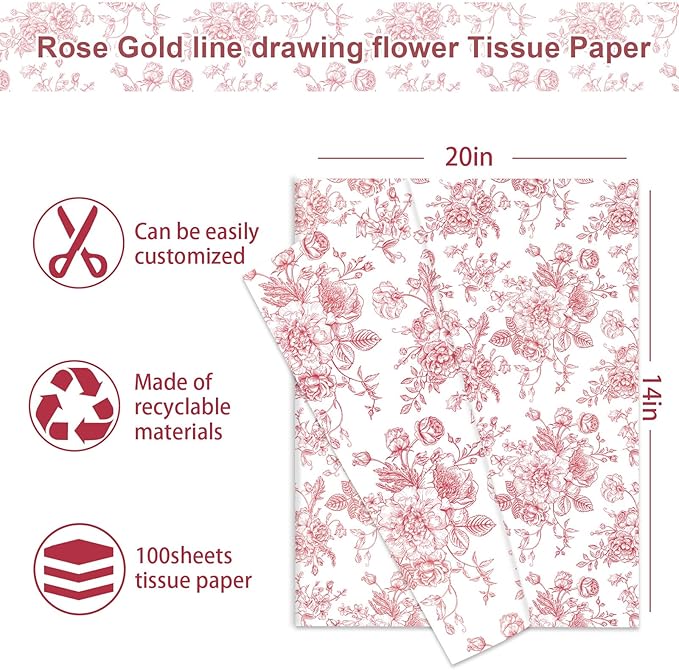 JarThenaAMCS 100 Sheets Floral Tissue Paper Rose Gold Flower Gift Wrapping - Image 2