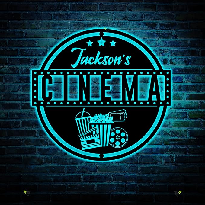 Custom Movie and Popcorn Metal Wall Art LED Light Custom Family Cinema Home by soulglass