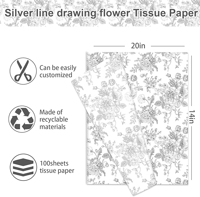 JarThenaAMCS 100 Sheets Floral Tissue Paper Silver Flower Gift Wrapping Paper - Image 2