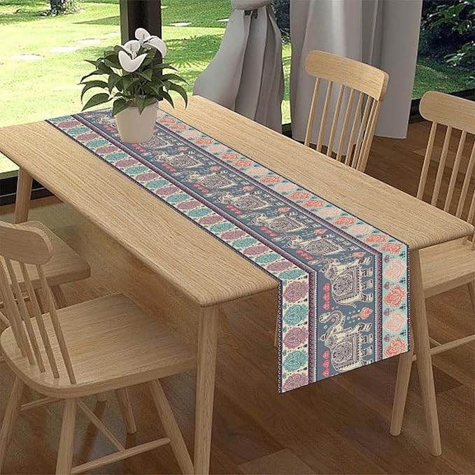 Boho Table Runner, Indian Bohemian Elephant Mandala Paisley Floral Hippie Art - Image 3