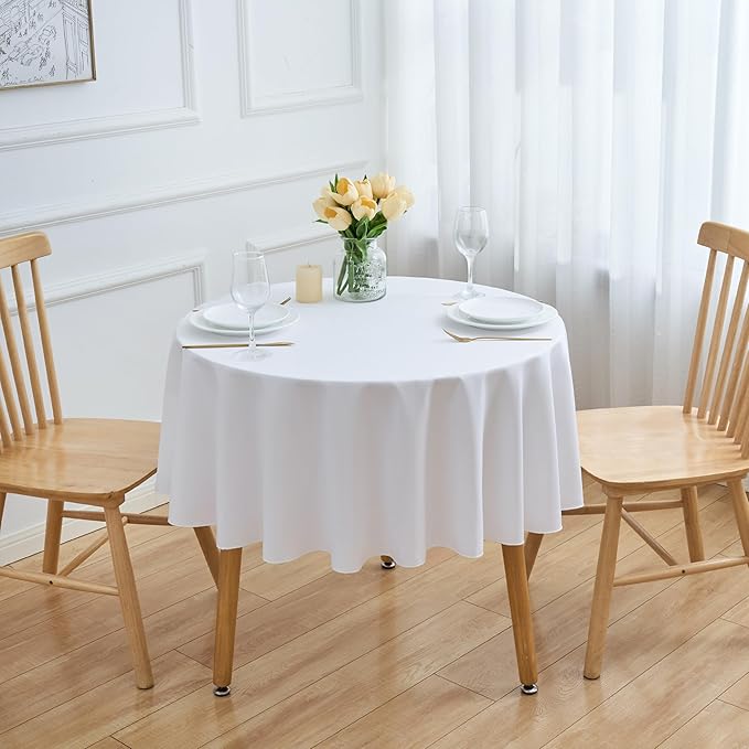 6 Pack White 60 Inch Round Tablecloths. Stain and Winkle Resistant Polyester - Image 2