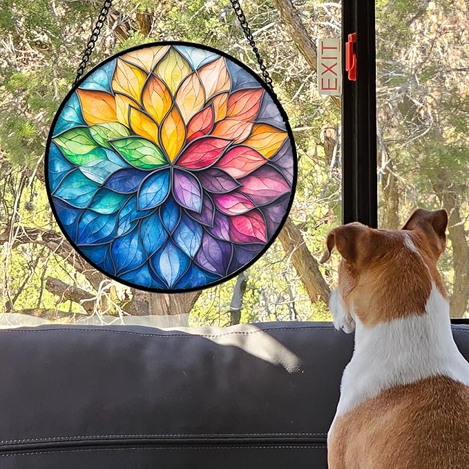 Stained Glass Window Hanging, Colorful Flower Petals Sun Catchers Diamond Glass - Image 2