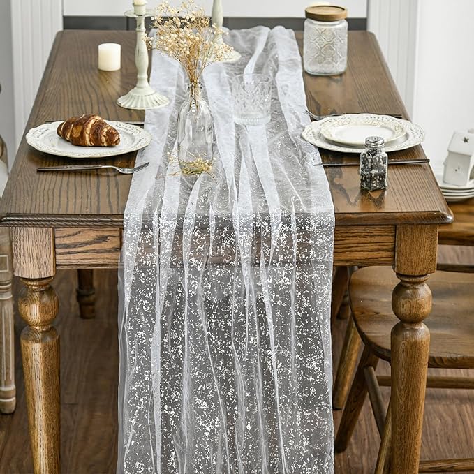 Artoid Mode 6Pcs White Silver Gauze Table Runner 120 Inch 10FT, Glitter - Image 2