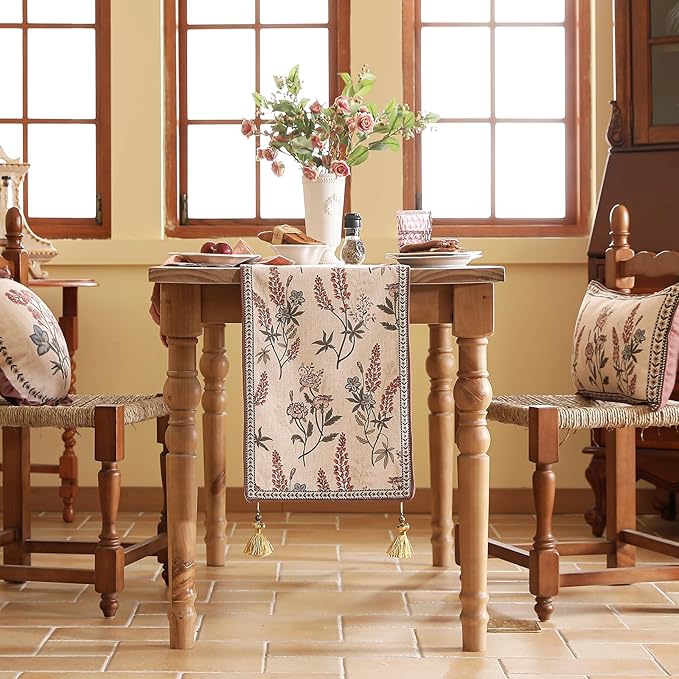 ISAENNE Designer Light Beige Linen Table Runner 87 Inches Long, Vintage Floral - Image 3
