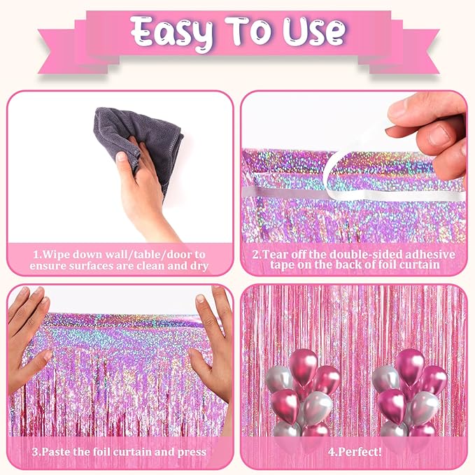 2 Pack Laser Pink Tinsel Foil Fringe Curtains, Mothers Day Pink Decorations - Image 4