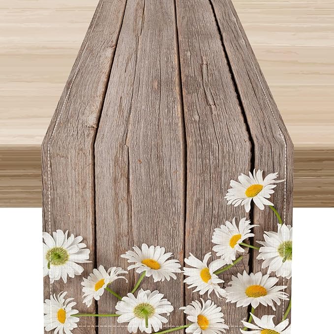 Farmhouse Floral Table Runner, Spring Seasonal Daisy Flower Retro Wooden by Unknown