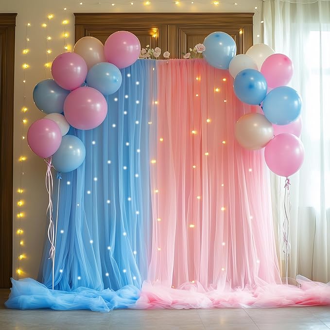 Tulle Backdrop Curtain with Lights String 10FT X 10FT Pink and Blue Sheer Tulle - Image 5