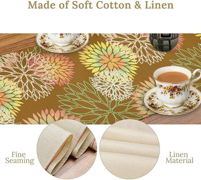 Brown Grey Dahlia Flower Table Runner, Linen Geometric Pattern Floral Table - Image 7