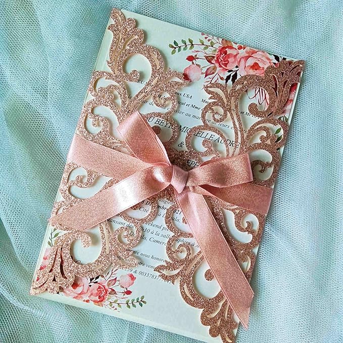 25PCS Rose Gold Laser Cut Wedding Invitations Cards - Image 6