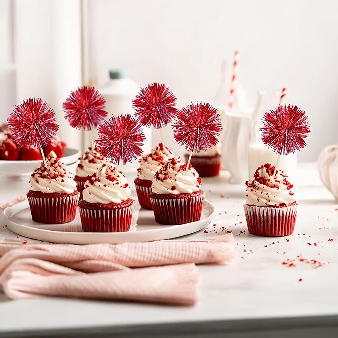 Ephlyn 30Pcs Foil Firework Cupcake Toppers Sparkle Tinsel Cupcake Picks Happy - Image 6