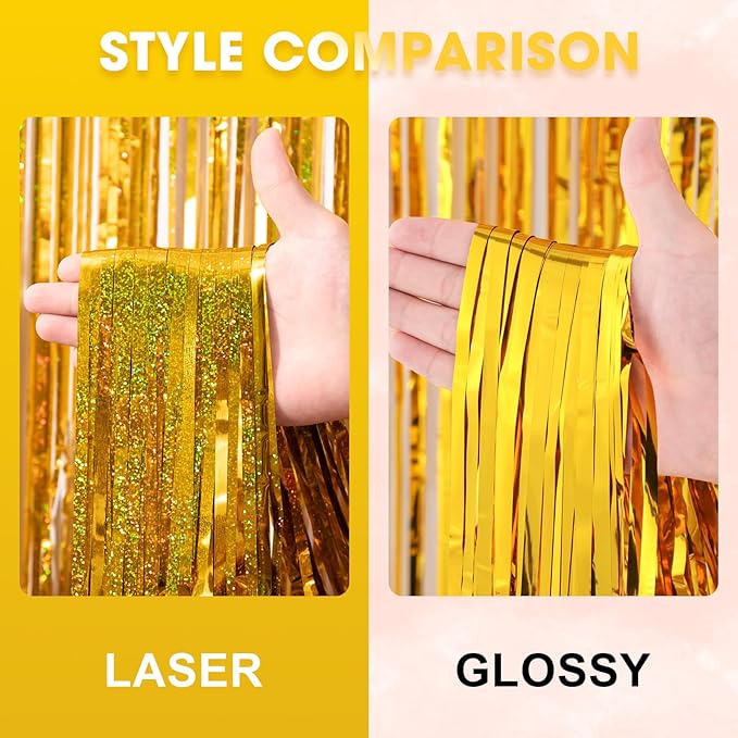 2 Pack Laser Gold Tinsel Foil Fringe Curtains, Metallic Tinsel Party Streamers - Image 3