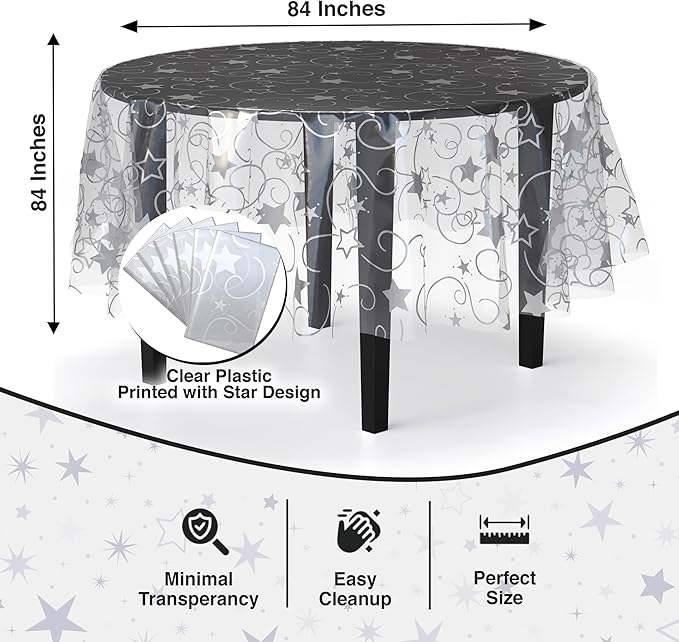 Exquisite Clear Silver Star Tablecloth Plastic 12-Pack Disposable Round - Image 3