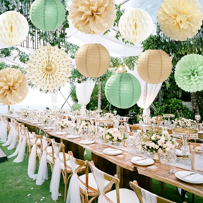 Sage-Green Beige-Champagne Party-Decorations Streamers Lanterns - Image 5