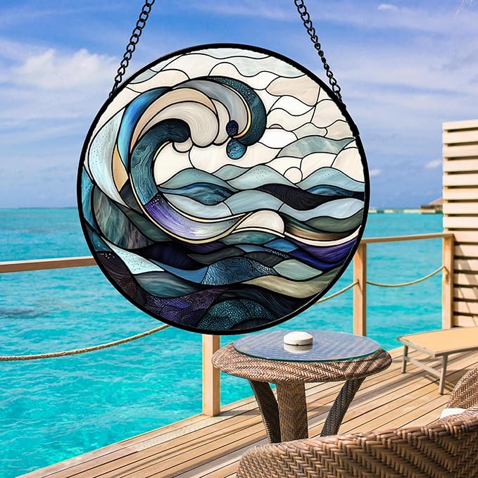 Stained Glass Window Hanging, Ocean Waves Sun Catchers Diamond Glass Panel - Image 4