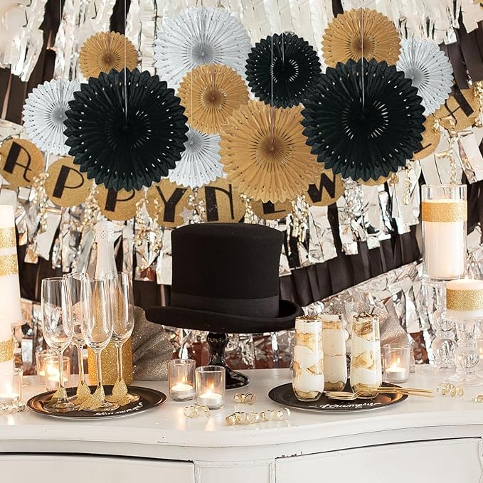 18 Pcs Black Gary Gold Hanging Paper Fan, Hanging Honeycomb Round Paper Fans - Image 4