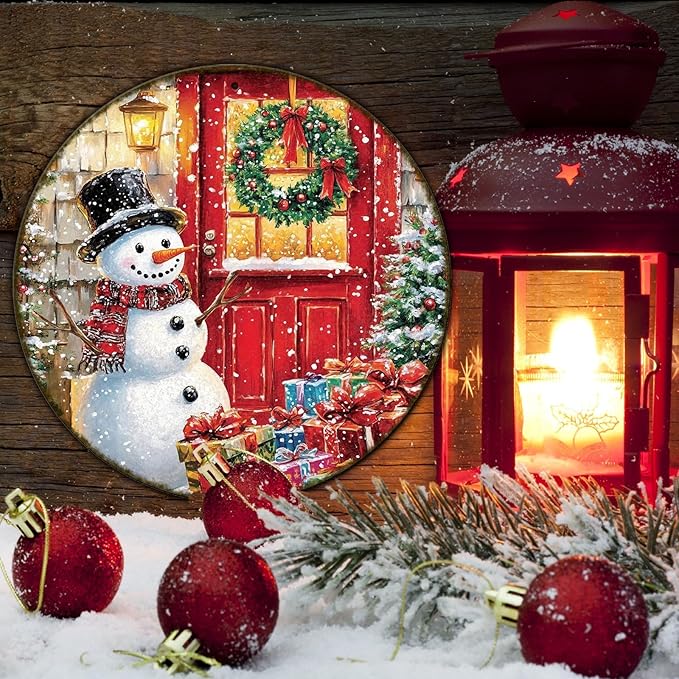 Round Wall Decor Christmas Metal Tin Sign Snowman Sign Rustic Wall Decor Wall - Image 5