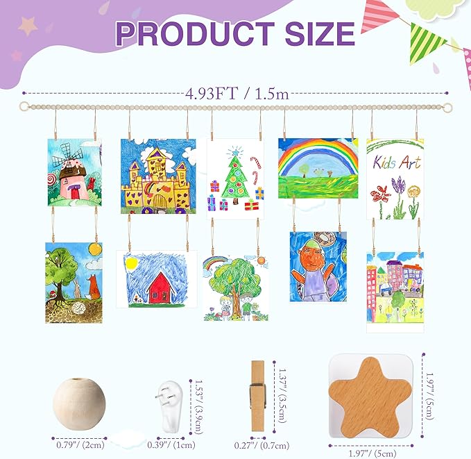 KOLLIEE Kids Artwork Display Art Wall Decor 4.93ft Boho Wooden Beaded Garland - Image 4