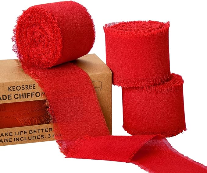 3 Rolls Red Handmade Chiffon Ribbon, 1.5" x 21Yd Frayed Fringe Silk Ribbons by KEOSREE