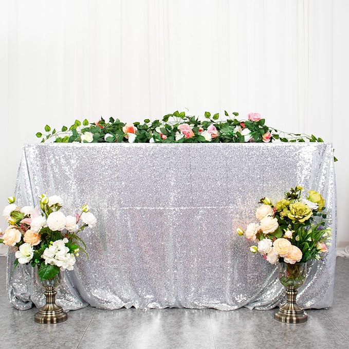 ShinyBeauty 2 Pack 72x72 Inch Silver Sequin Tablecloths - Image 4