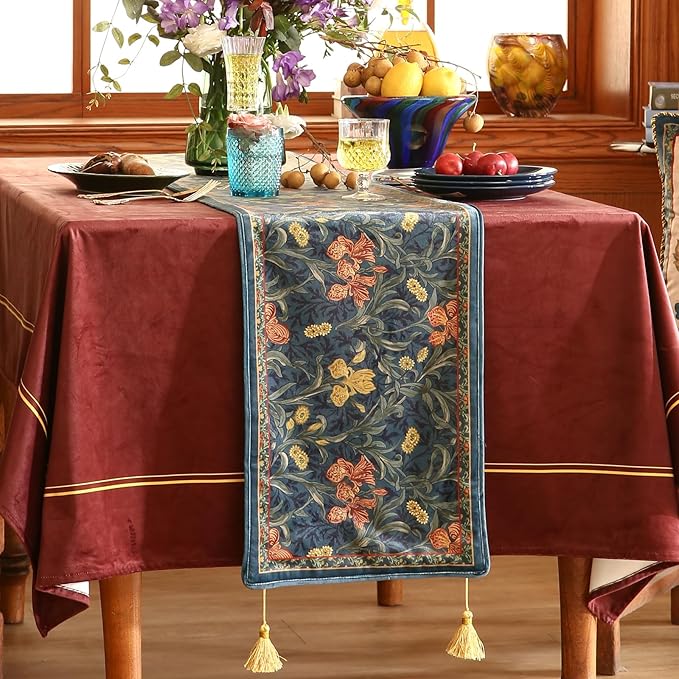 patdrea Designer Casual Wild Floral Velvet Table Runner 87 Inch Long, Dark Blue - Image 2