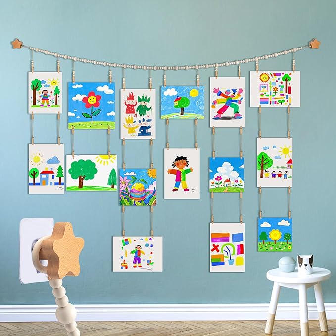 KOLLIEE Kids Artwork Display Art Wall Decor 4.93ft Boho Wooden Beaded Garland by KOLLIEE