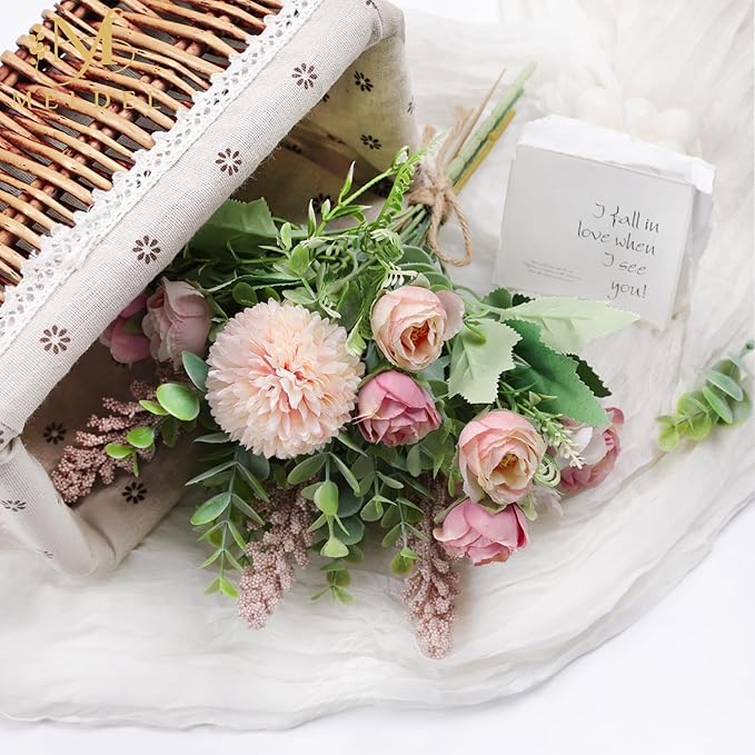 Meldel 3Pcs Rose Bouquet Pink Artificial Flowers Eucalyptus Plants Fake Silk - Image 6
