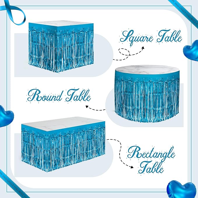 8 Pack Lake Blue Table Skirts, 29x108" Metallic Foil Tinsel Fringe Table Skirts - Image 4
