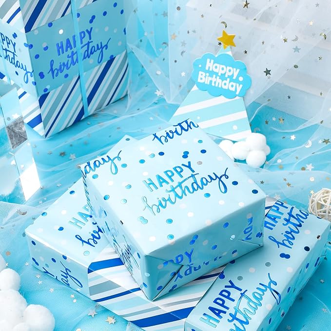LeZakaa Reversible Blue Birthday Wrapping Paper Roll - Image 5