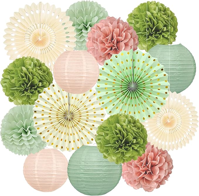 15Pcs Sage Green Party Decorations, Hanging Paper Lanterns Paper Fans Tissue by Peywot