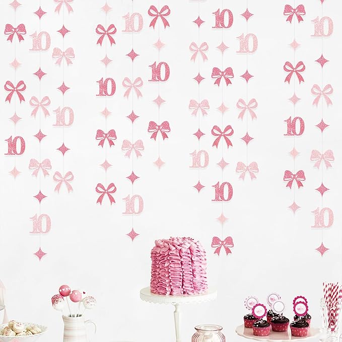 Glitter Pink 10th Bow Birthday Decorations Hot Pink Conquette Bow Garland - Image 7