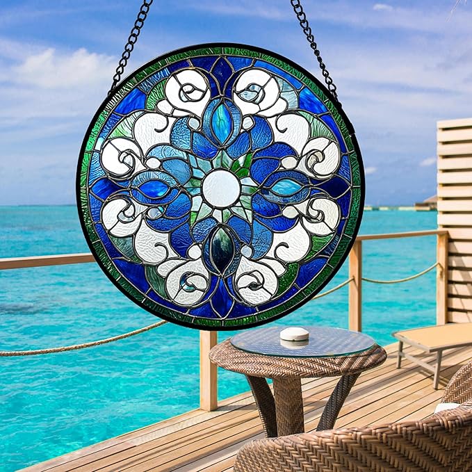 Stained Glass Window Hanging, Boho Style Sun Catchers Diamond Glass Panel - Image 4